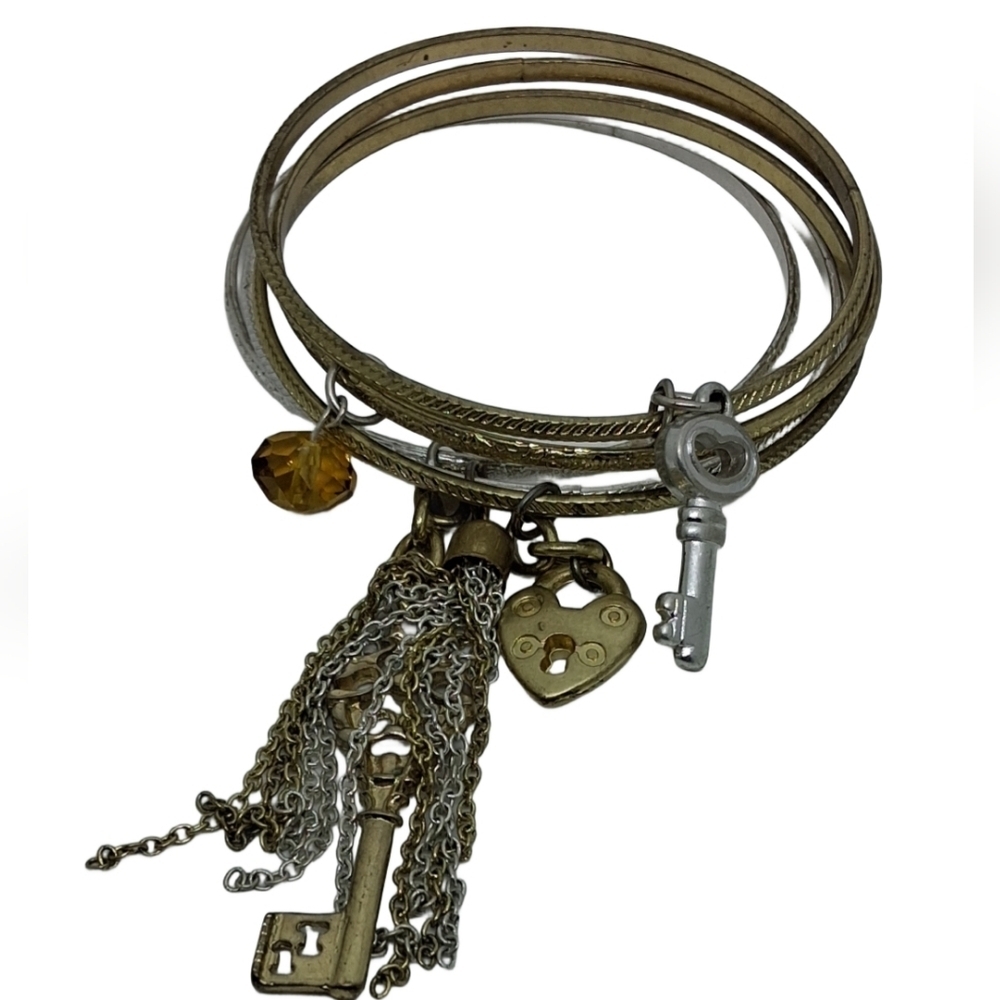 Gold & Silver Tone Charm Bangle Stack - Tassel, K… - image 4